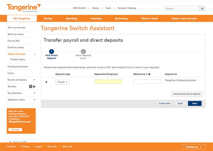 Switch to Tangerine - Tangerine Switch Assistant - Direct Deposit Information