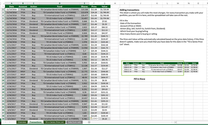 TD e-Series Excel Tracker - adding transactions