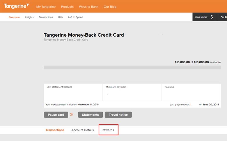 Tangerine Credit Card - Change categories 1