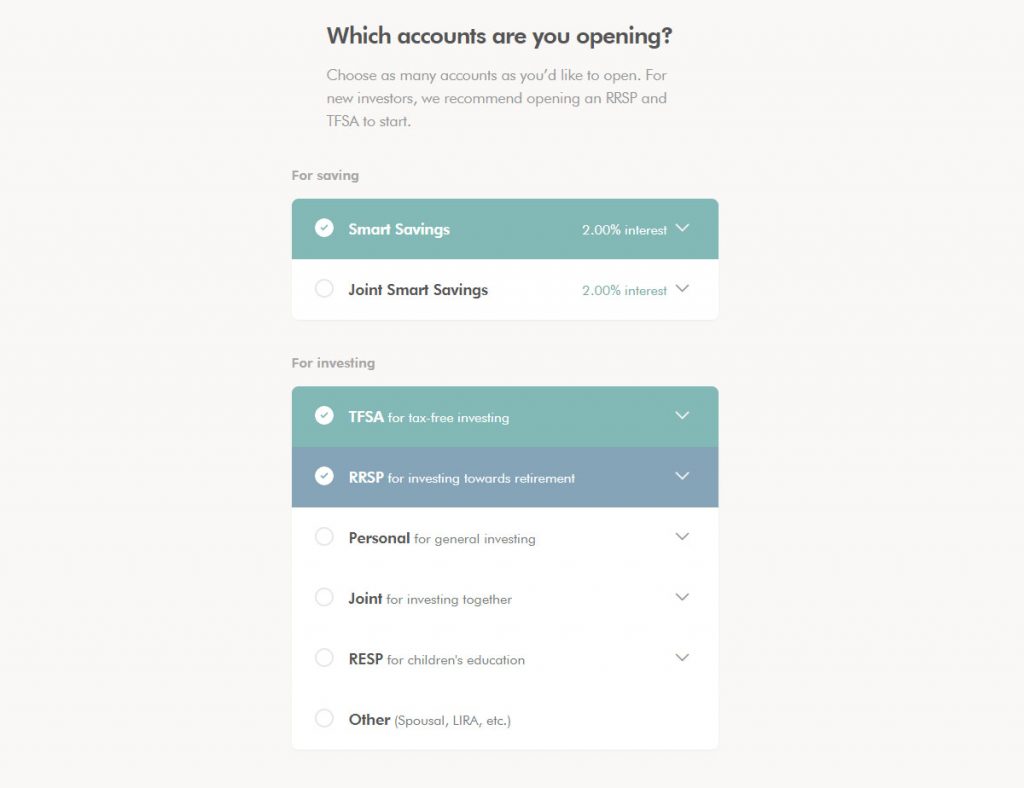 WealthSimple Signup - Step 3 - 3 - Account Types