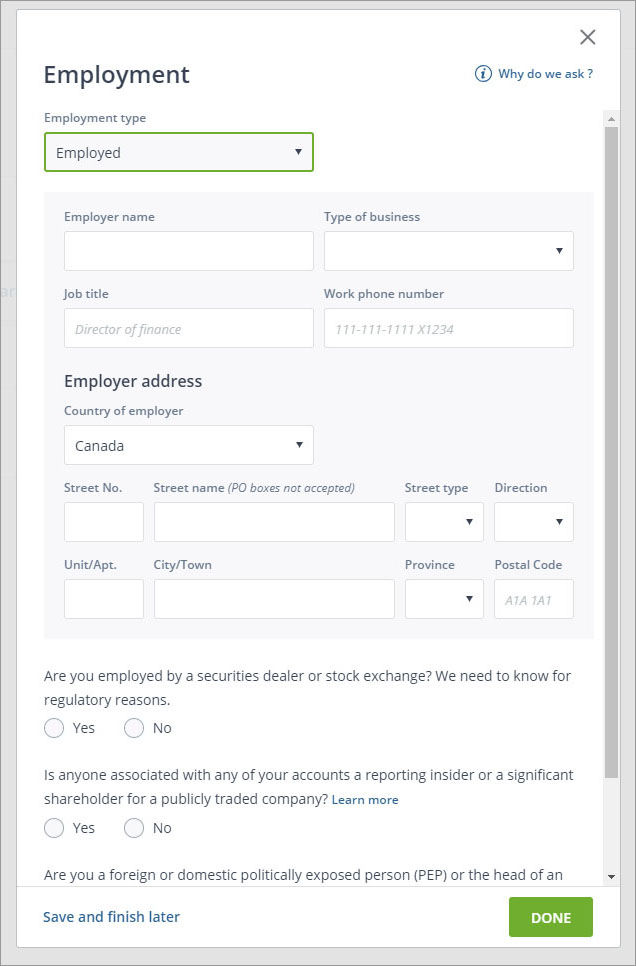 Sign up with Questrade - 11 - Employment Information